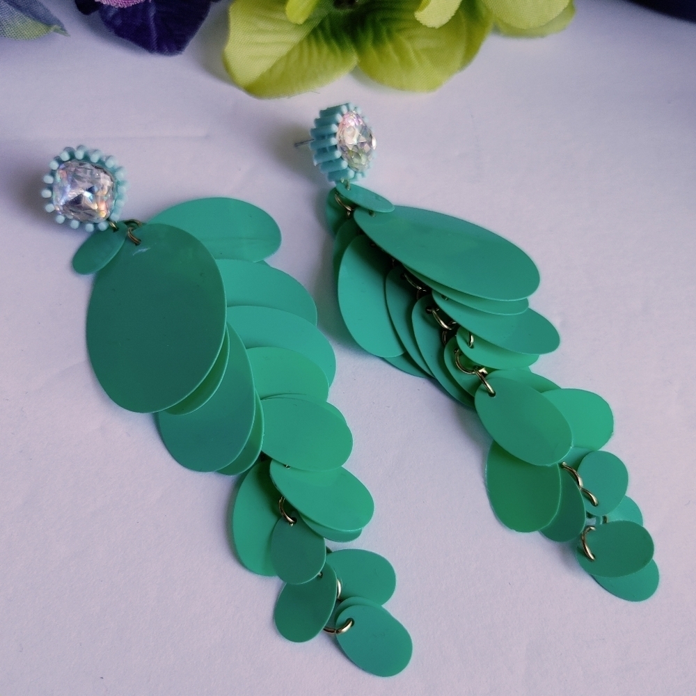 Green Sequined Tiered Drop Dangle Statement Earrings